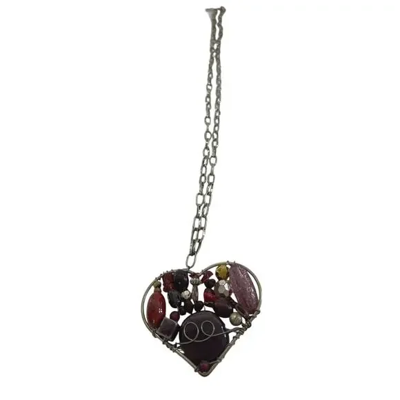 VTG Necklace Mosaic Beads & Stones In Large Heart-Shaped Pendant - Picture 3 of 6